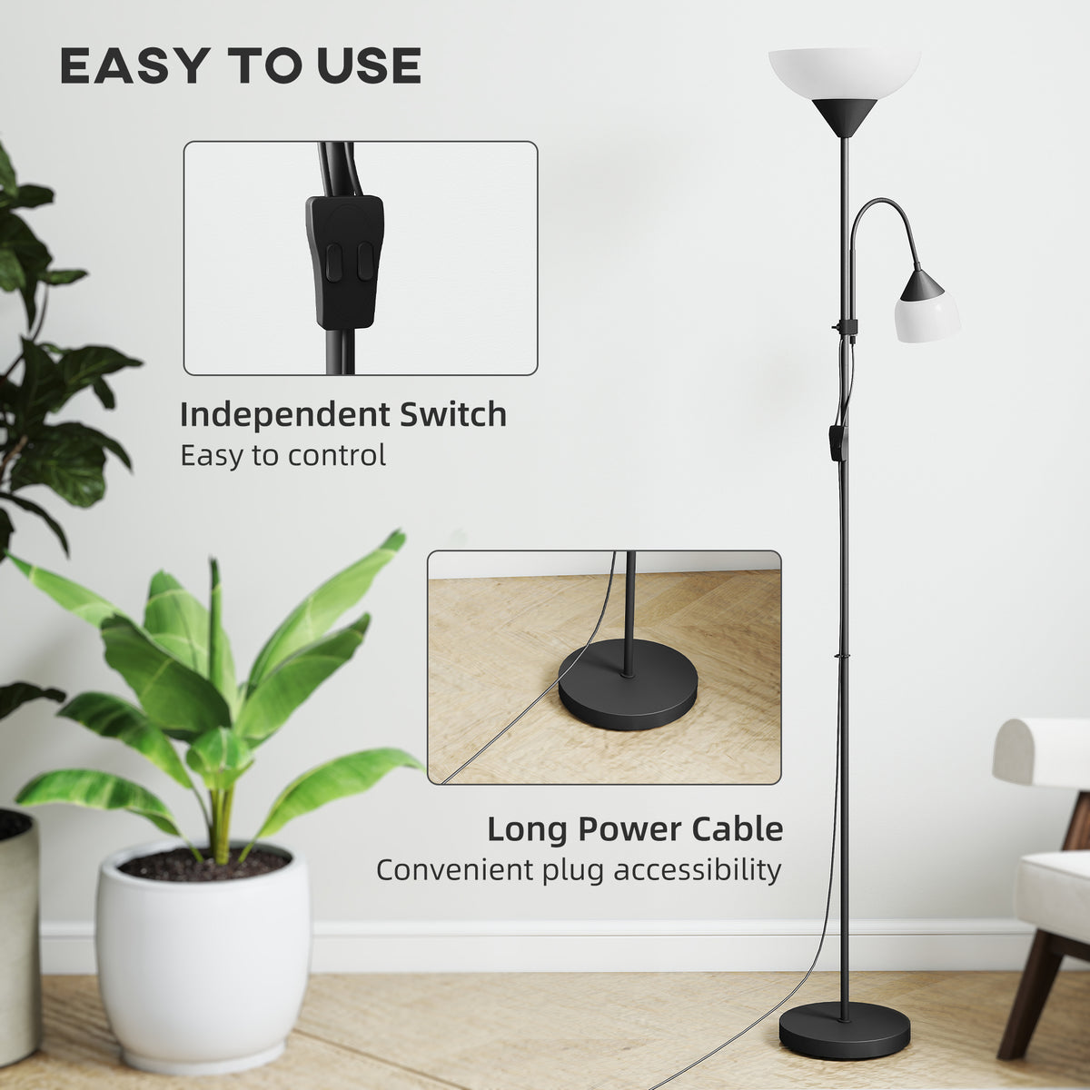 LED Floor Lamp, Suitable For Living Rooms, 180cm High, Mother And Child Shaped Upward Facing Spotlight, With Adjustable Gooseneck Arm, Color Temperature 3000K-4500K-6500K, Black