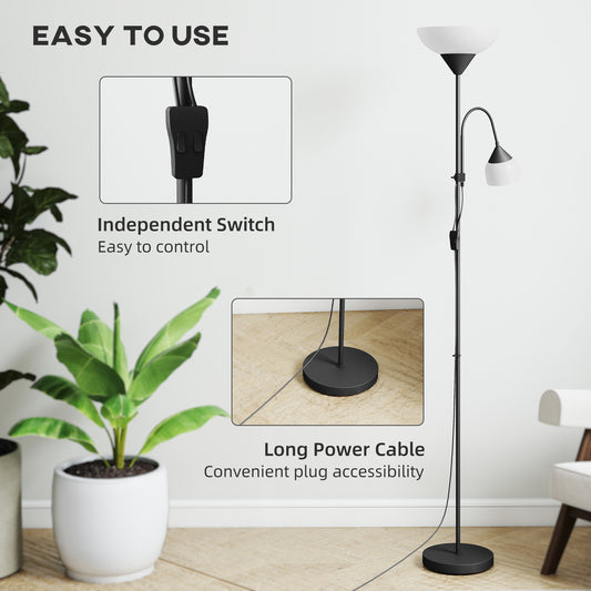 LED Floor Lamp, Suitable For Living Rooms, 180cm High, Mother And Child Shaped Upward Facing Spotlight, With Adjustable Gooseneck Arm, Color Temperature 3000K-4500K-6500K, Black