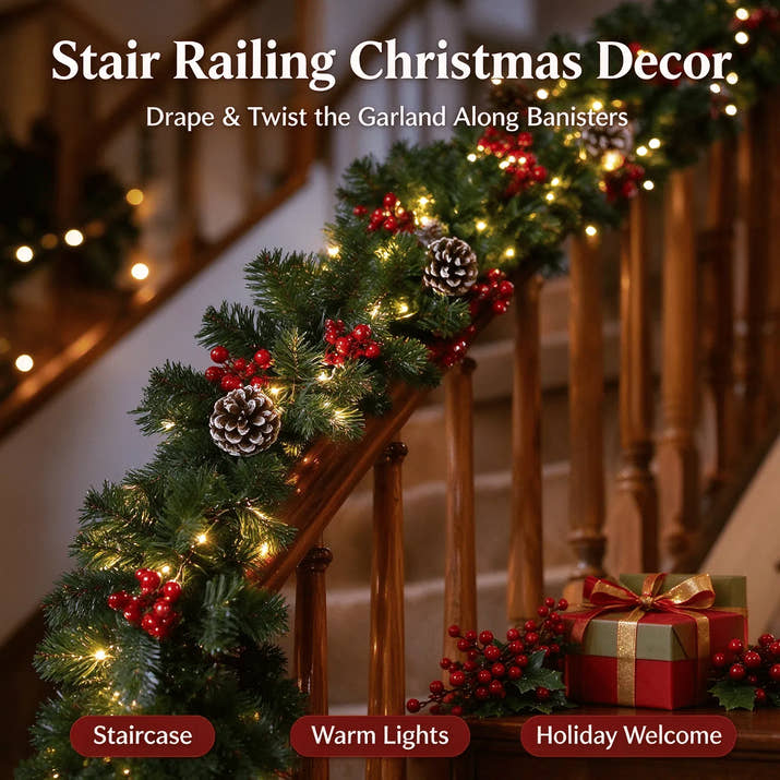 Christmas Green Vine with String Lights Combo, 2.7m Artificial Garland Vine + 10m Light String, for Mantel, Stair Railing & Window Holiday Decor