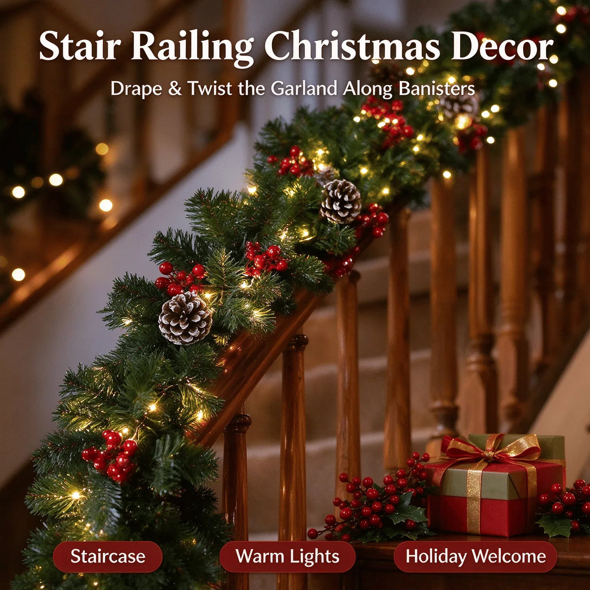 Christmas Green Vine with String Lights Combo, 2.7m Artificial Garland Vine + 10m Light String, for Mantel, Stair Railing & Window Holiday Decor