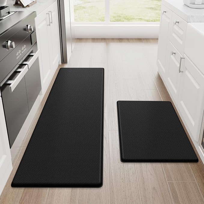 2-Piece Black Anti-Fatigue Kitchen Floor Mats, Cushioned Non-Slip Rugs For Kitchen, Sink Area, Laundry Room And Home