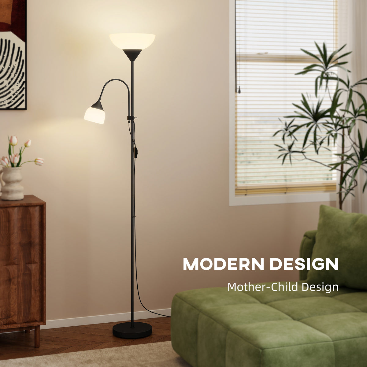 LED Floor Lamp, Suitable For Living Rooms, 180cm High, Mother And Child Shaped Upward Facing Spotlight, With Adjustable Gooseneck Arm, Color Temperature 3000K-4500K-6500K, Black — view 6