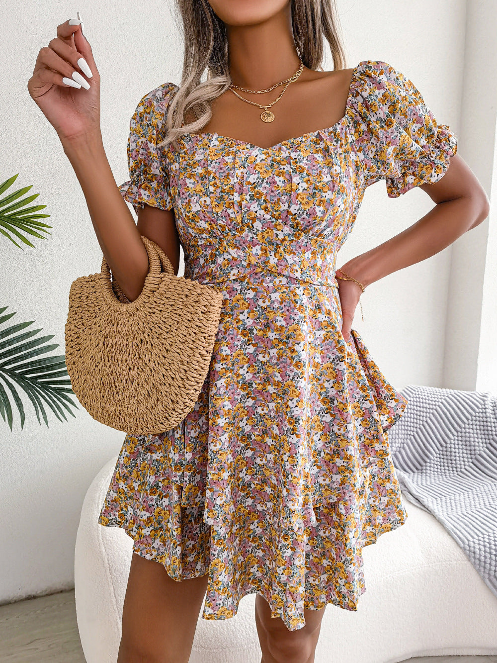 Floral Shirred Mini Dress — Short Sleeve Loose Hem Swing Dress
