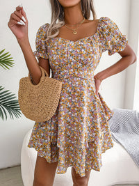 Floral Shirred Mini Dress — Short Sleeve Loose Hem Swing Dress