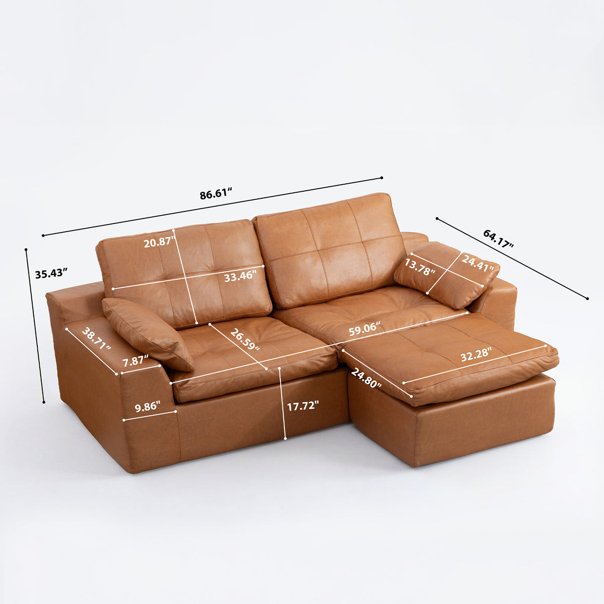 Faux Leather L-Shaped Sectional Sofa With Movable Ottoman High Density Compressed Sponge Modular 2-Seater Upholstered Couch With Throw Pillows For Living Room Hotel Apartment — view 4