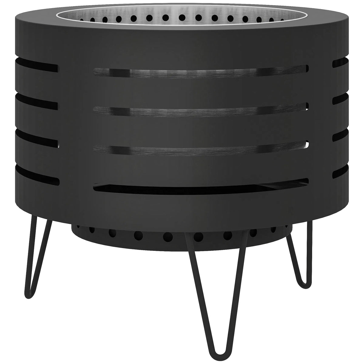 Round Fire Pit with Fire Poker, Portable Wood Burning Firepit with Ash Tray and Hairpin Legs, Outdoor Fireplace, Black — view 6