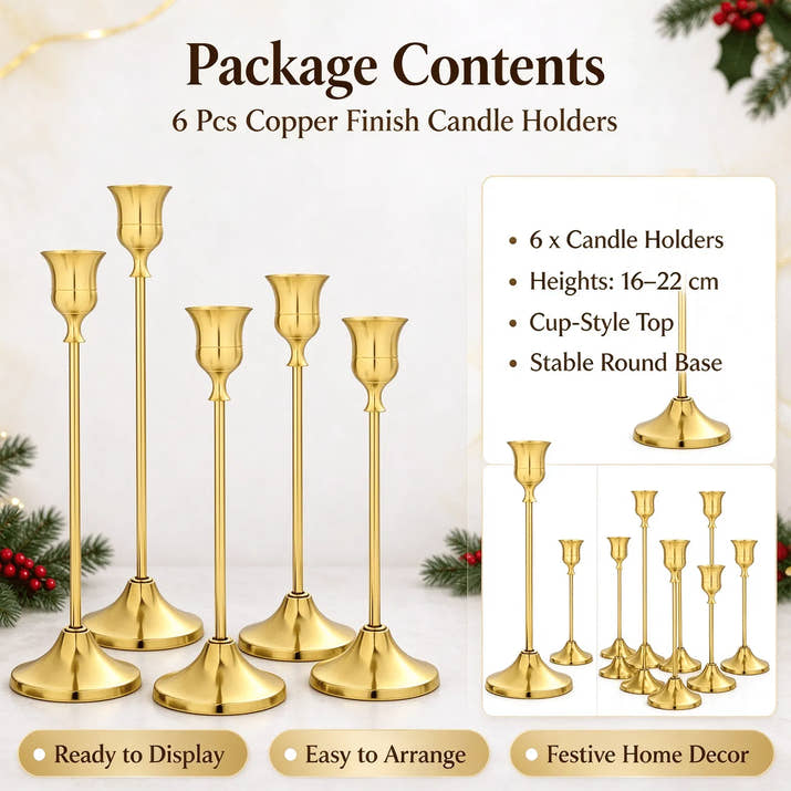 Copper Finish Christmas Candle Holders Set of 6, Mixed Height 16-22cm Metal Cup Candlesticks, Layered Tabletop Centerpiece for Holiday Dinner Decor — view 2