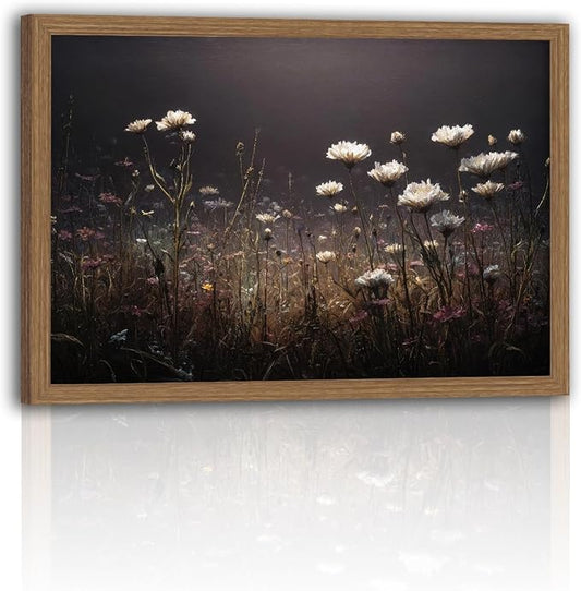 Framed Vintage White Wildflowers Wall Art Moody Fall Floral Landscape Canvas Print Dark Cottagecore Decor 12 X 16 Inch
