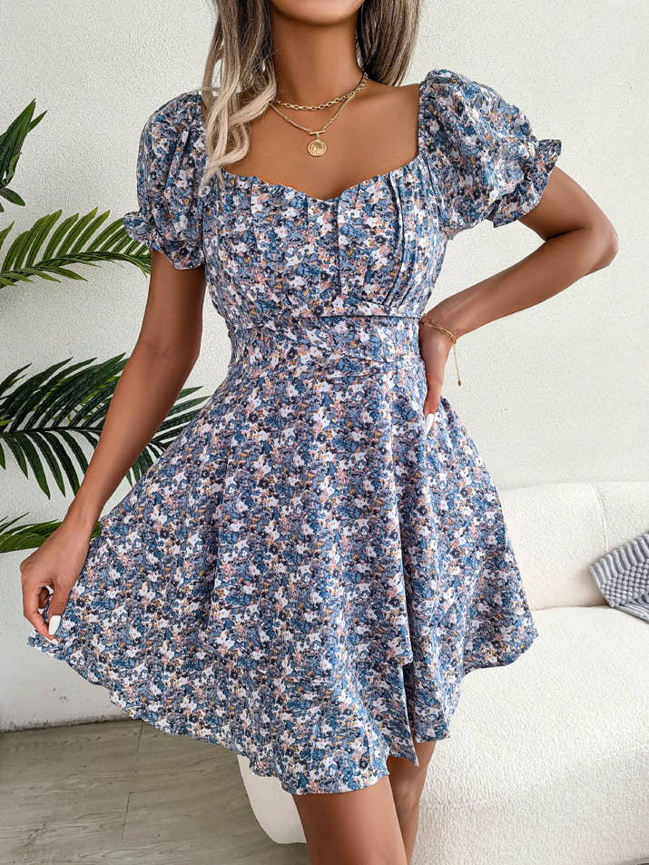 Floral Shirred Mini Dress — Short Sleeve Loose Hem Swing Dress