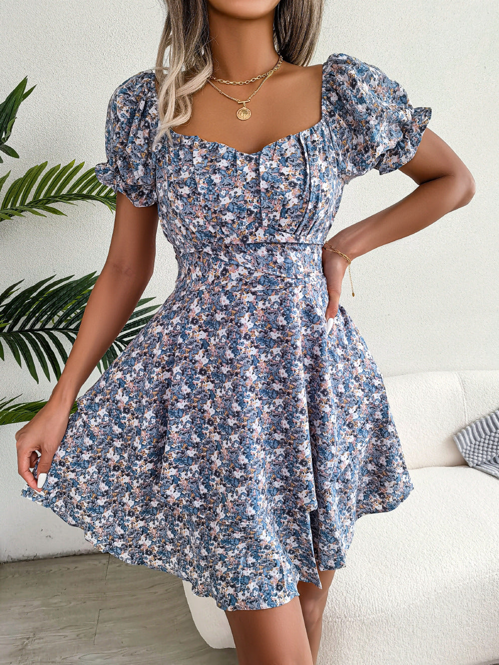 Floral Shirred Mini Dress — Short Sleeve Loose Hem Swing Dress