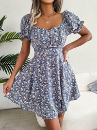 Floral Shirred Mini Dress — Short Sleeve Loose Hem Swing Dress