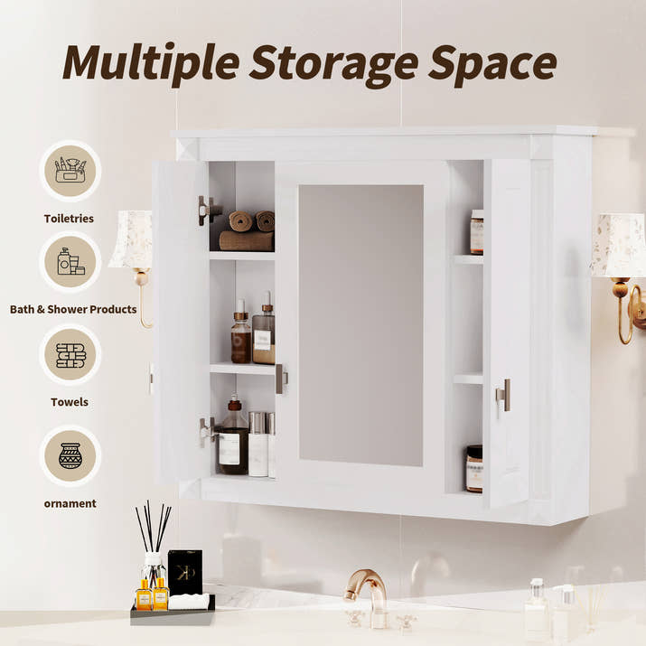 Bathroom Wall Cabinet with Mirror, Wall Mounted Medicine Cabinet with 4 Shelves, Mirrored Door Over Toilet Storage Cabinet, White — view 3