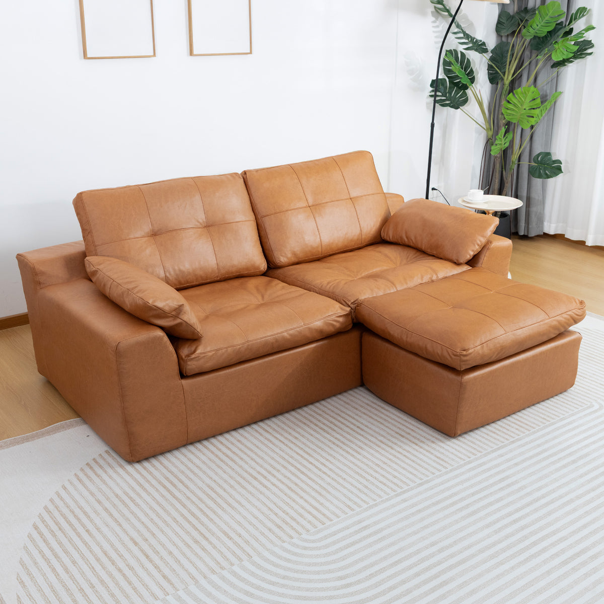 Faux Leather L-Shaped Sectional Sofa With Movable Ottoman High Density Compressed Sponge Modular 2-Seater Upholstered Couch With Throw Pillows For Living Room Hotel Apartment — view 3