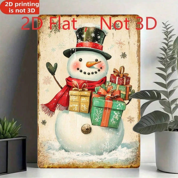 Vintage Christmas Snowman With Gifts 2D Flat Tin Sign, Retro Metal Wall Art