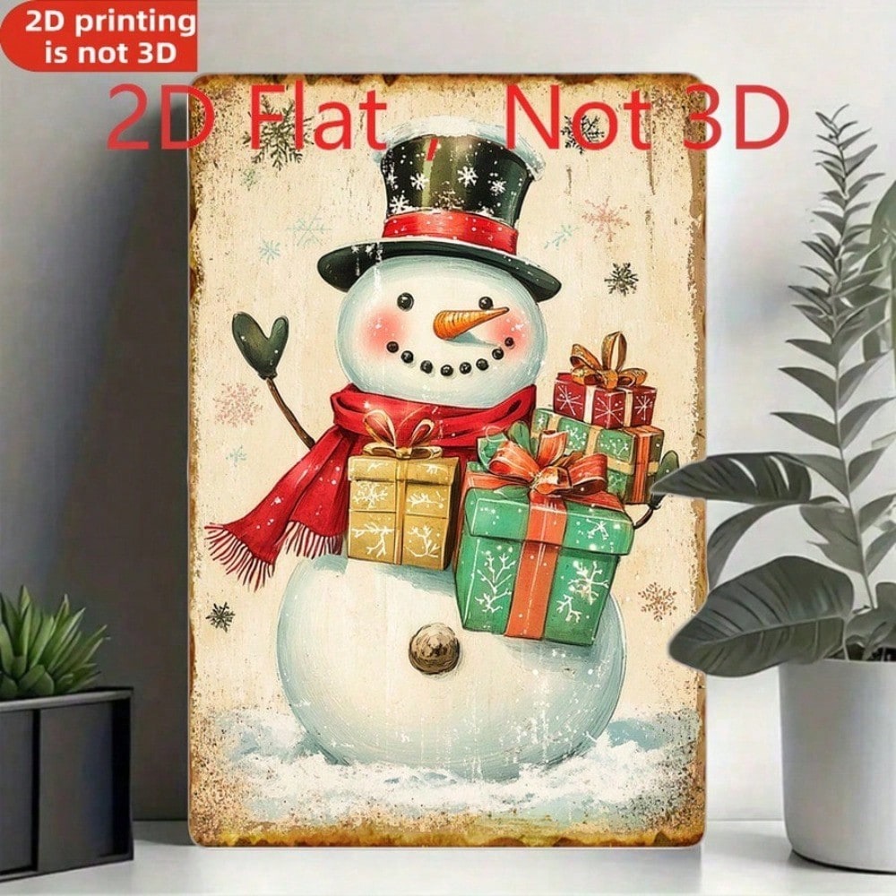 Vintage Christmas Snowman With Gifts 2D Flat Tin Sign, Retro Metal Wall Art