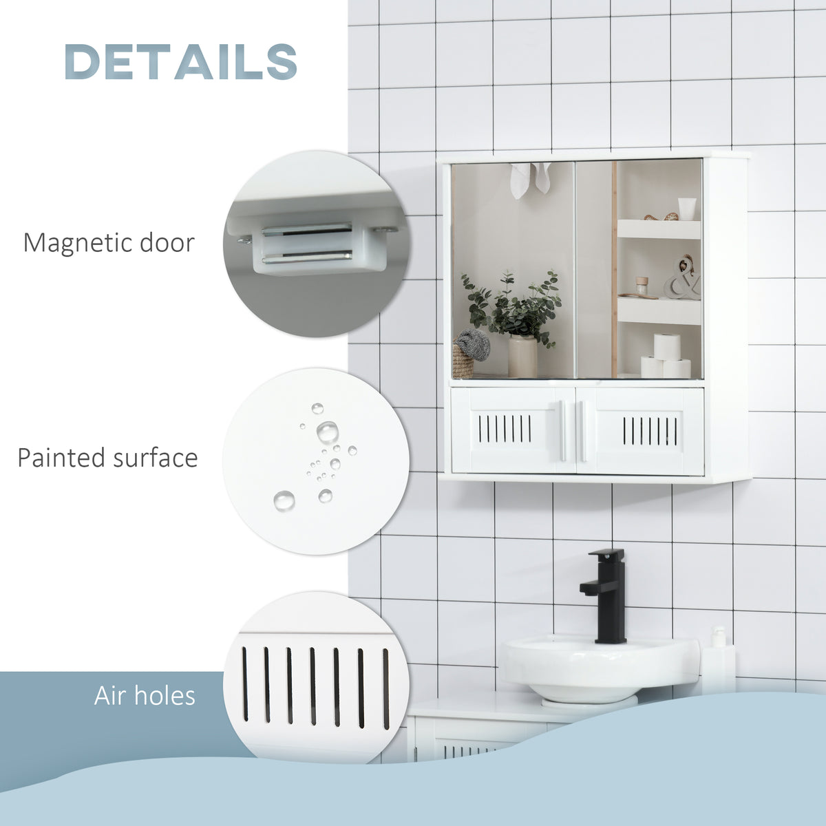 Kleankin Bathroom Mirror Cabinet,Wall Mounted Storage Cupboard With Double Doors And Adjustable Shelf,Bathroom Organizer,White — view 3