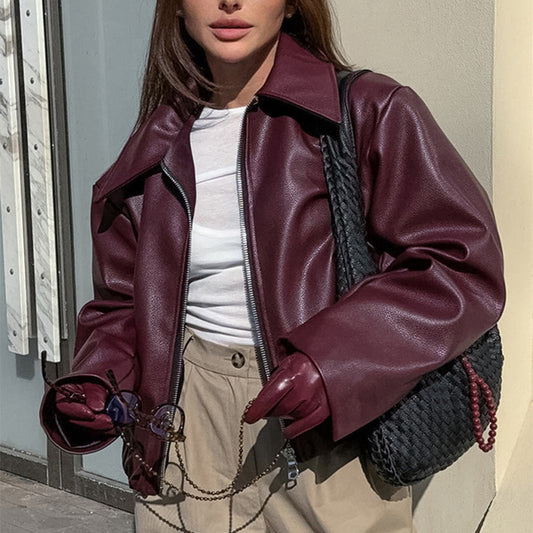 Lapel Zipper Leather Jacket — Casual Long Sleeve Coat