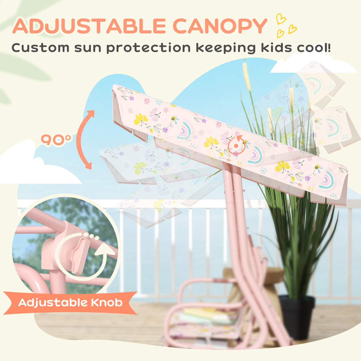 Kids Garden Swing Chair With Adjustable Canopy,Safety Belt,2 Seater Hammock Swing Bench For Patio,Porch,Pink — view 2