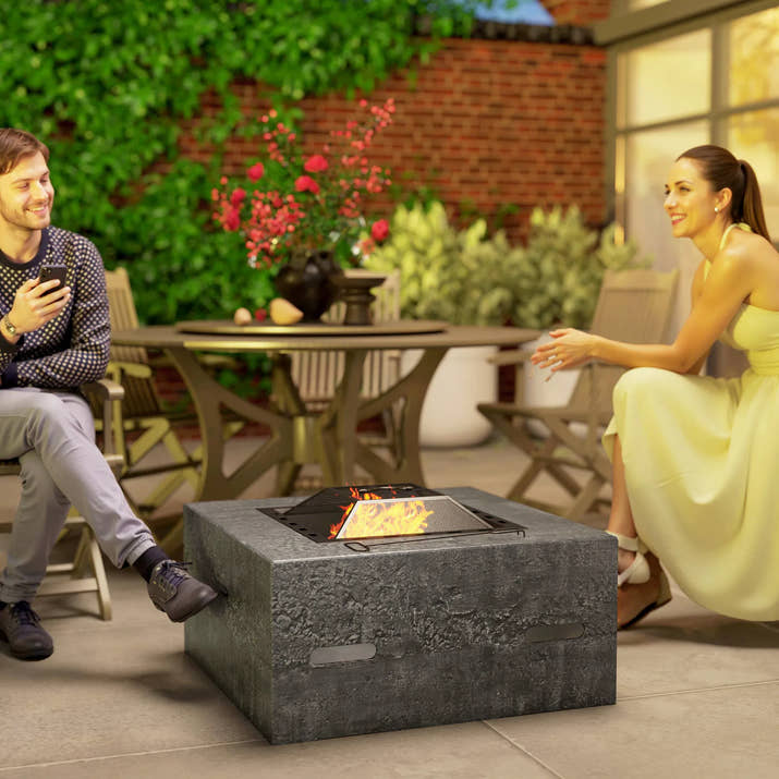 Fire Pit with Fire Poker, Wood Burning Firepit for Outside with Mesh Lid, Magnesium Oxide Stone Texture, Charcoal Grey — view 4