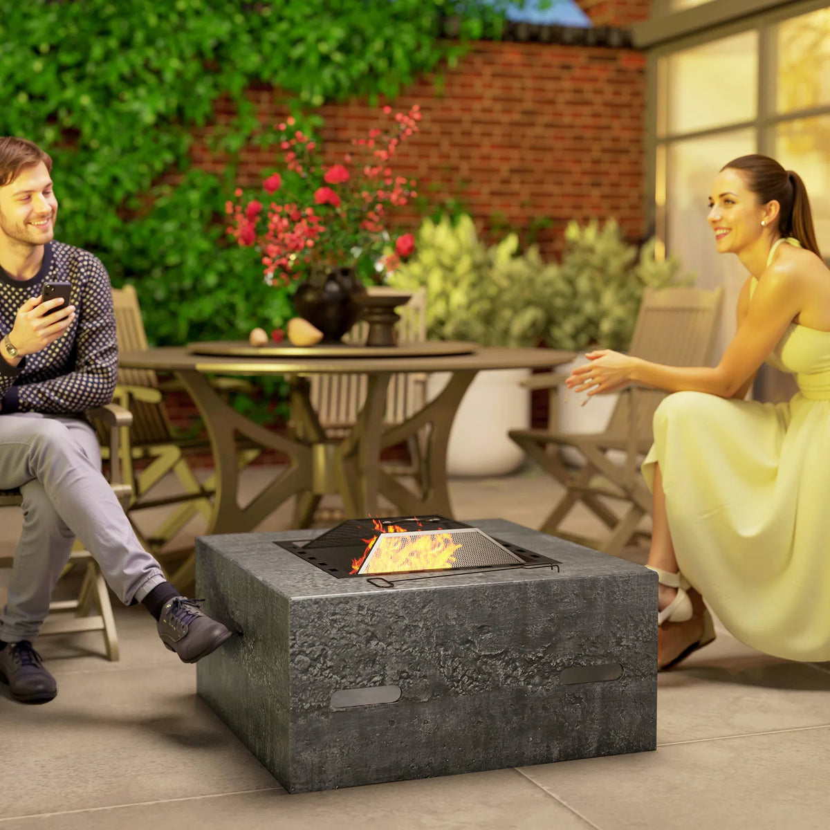 Fire Pit with Fire Poker, Wood Burning Firepit for Outside with Mesh Lid, Magnesium Oxide Stone Texture, Charcoal Grey — view 4