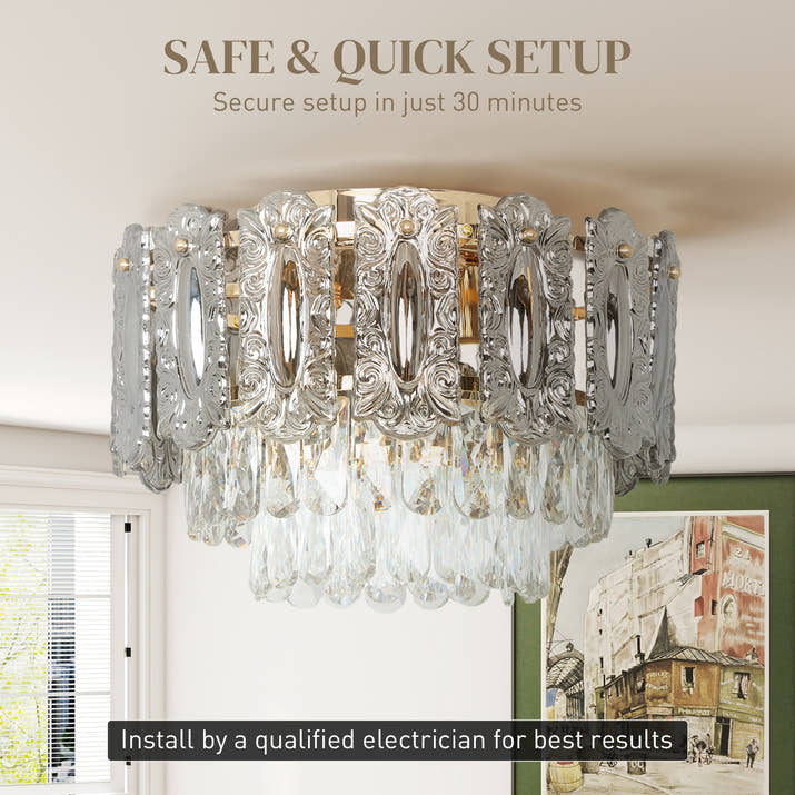 Chandelier Ceiling Light,3-Light Vintage Flush Mount Fixture With Dual Crystal And Smoke Glass Shade,LED Ceiling Light For Living Room Bedroom,3 E27 Sockets,Bulbs Not Included,Gold Tone — view 4