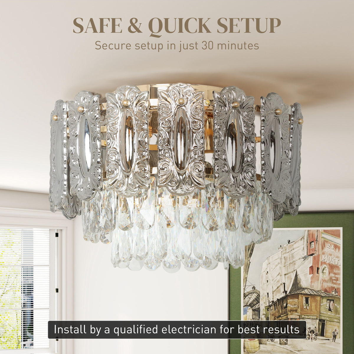 Chandelier Ceiling Light,3-Light Vintage Flush Mount Fixture With Dual Crystal And Smoke Glass Shade,LED Ceiling Light For Living Room Bedroom,3 E27 Sockets,Bulbs Not Included,Gold Tone — view 4