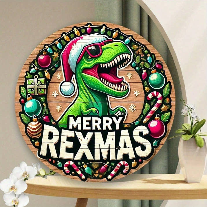 Christmas Dinosaur Round Metal Tin Sign, Retro Farmhouse Holiday Wall Art — view 2