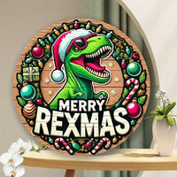 Christmas Dinosaur Round Metal Tin Sign, Retro Farmhouse Holiday Wall Art — view 2