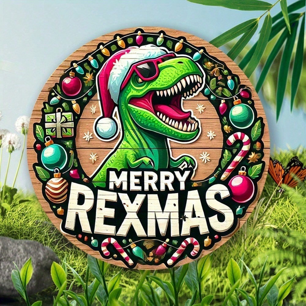 Christmas Dinosaur Round Metal Tin Sign, Retro Farmhouse Holiday Wall Art — view 5
