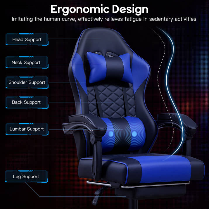 Racing Style Gaming Chair With Footrest,PU Leather,Massage Lumbar Support,Reclining,360degree  Swivel Seater Adjustable Height — view 4