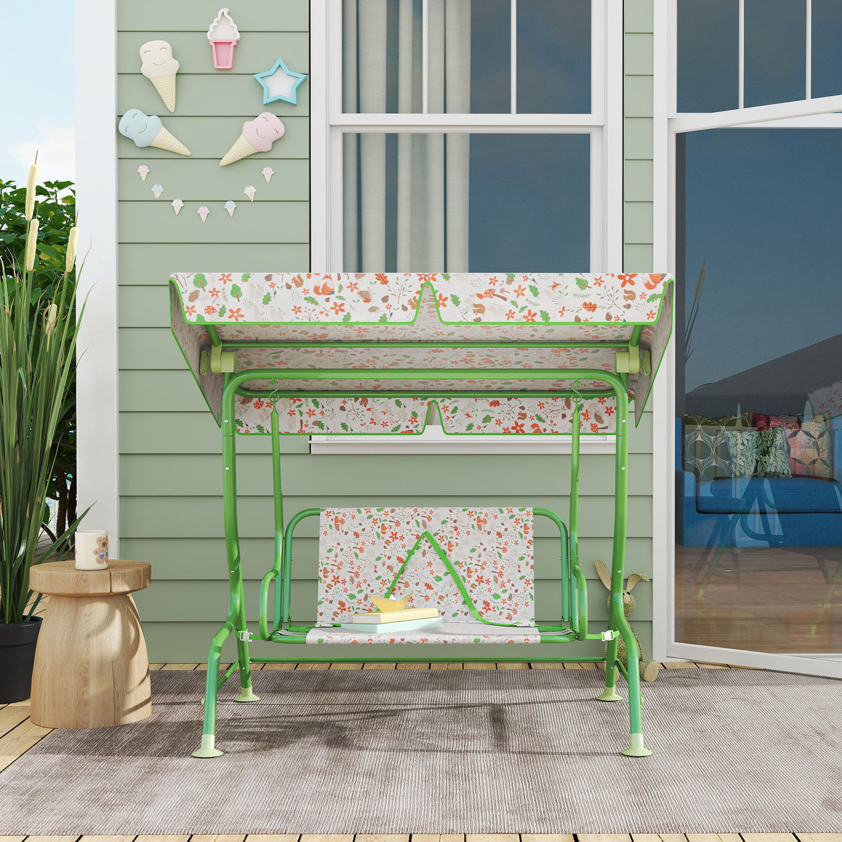 Kids Garden Swing Chair With Adjustable Canopy,Safety Belt,2 Seater Hammock Swing Bench For Patio,Porch,Green — view 5