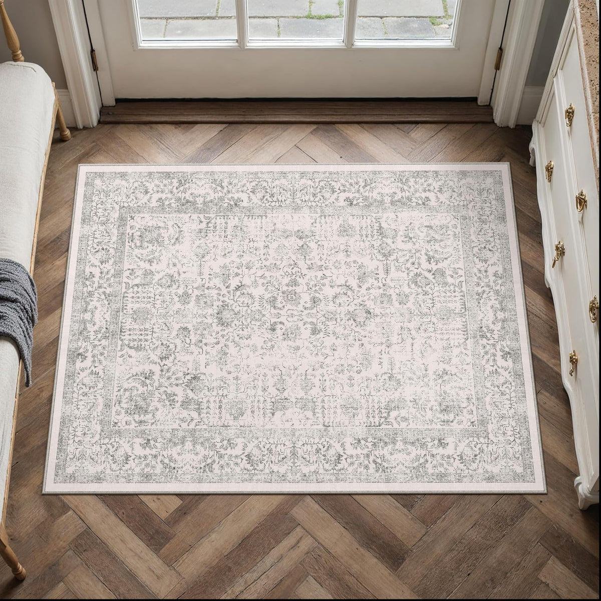 Grey Vintage Area Rug 2x3 Ft, Washable Small Entryway Carpet For Bedroom, Living Room, Hallway And Home Decor