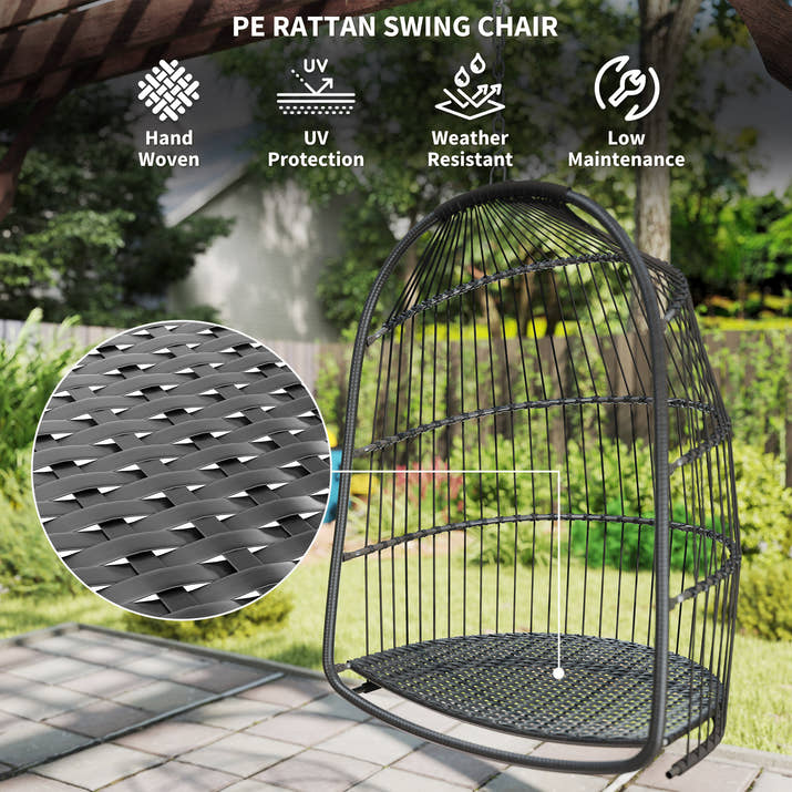 Hanging Egg Chair,Foldable Rattan Garden Swing Chair With Installation Kit,Thickened Cushion And Headrest,Indoor Outdoor Hanging Egg Basket Seat For Patio,Porch,Dark Grey — view 3