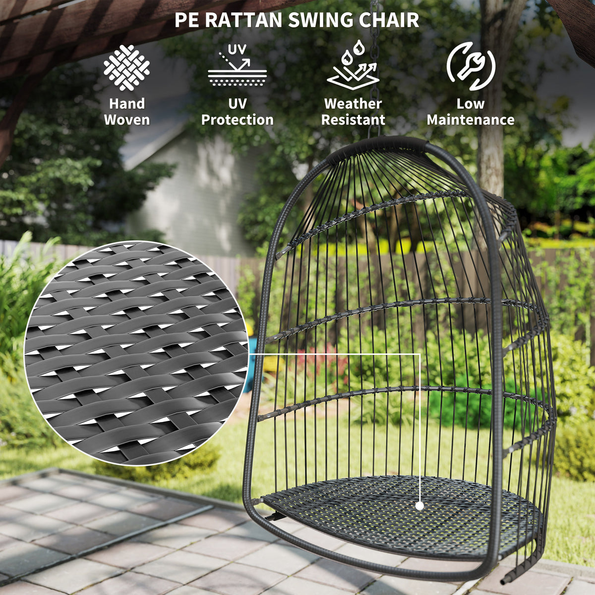 Hanging Egg Chair,Foldable Rattan Garden Swing Chair With Installation Kit,Thickened Cushion And Headrest,Indoor Outdoor Hanging Egg Basket Seat For Patio,Porch,Dark Grey — view 3