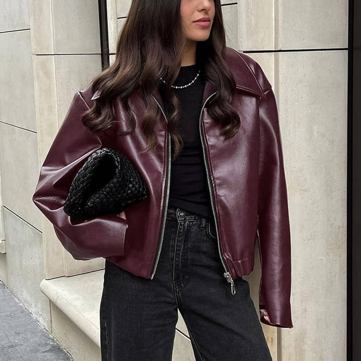 Lapel Zipper Leather Jacket — Casual Long Sleeve Coat