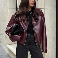 Lapel Zipper Leather Jacket — Casual Long Sleeve Coat