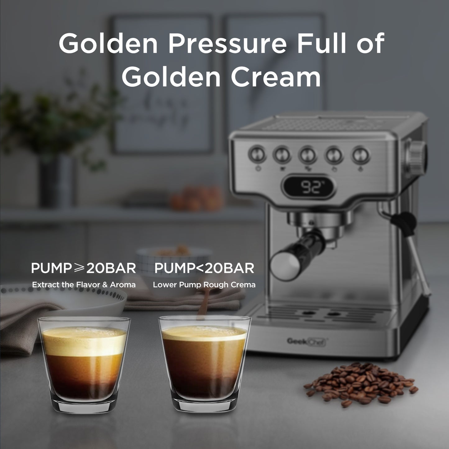 Geek Chef 20-Bar Espresso Machine with Milk Frother – 1.8 L Water Tank, Stainless Steel, Home Cappuccino & Latte Maker