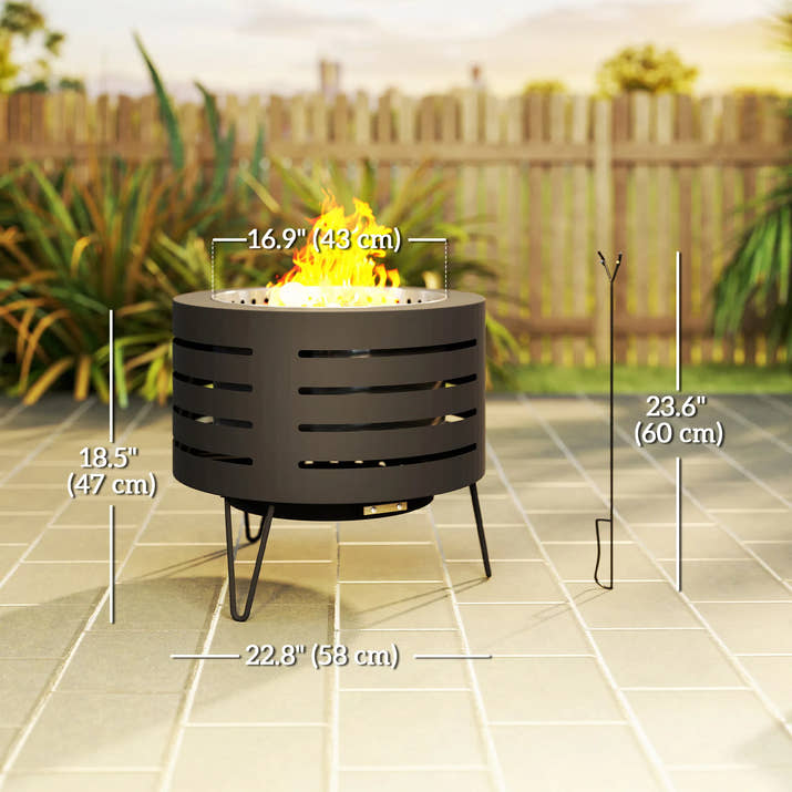 Round Fire Pit with Fire Poker, Portable Wood Burning Firepit with Ash Tray and Hairpin Legs, Outdoor Fireplace, Black — view 3