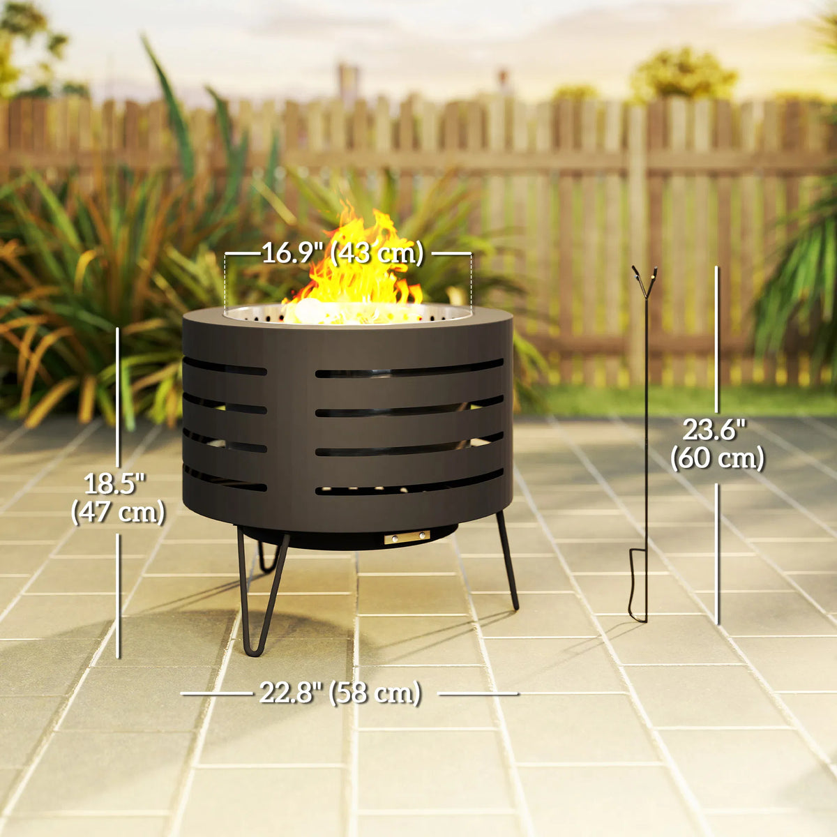 Round Fire Pit with Fire Poker, Portable Wood Burning Firepit with Ash Tray and Hairpin Legs, Outdoor Fireplace, Black — view 3