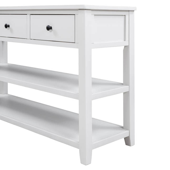 Retro Design Console Table with Two Open Shelves, Pine Solid Wood Frame and Legs for Living Room (Antique White) — view 3