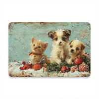 Vintage Christmas Puppy & Kitten Tin Sign, Rustic Iron Wall Art, 12x8 Inch