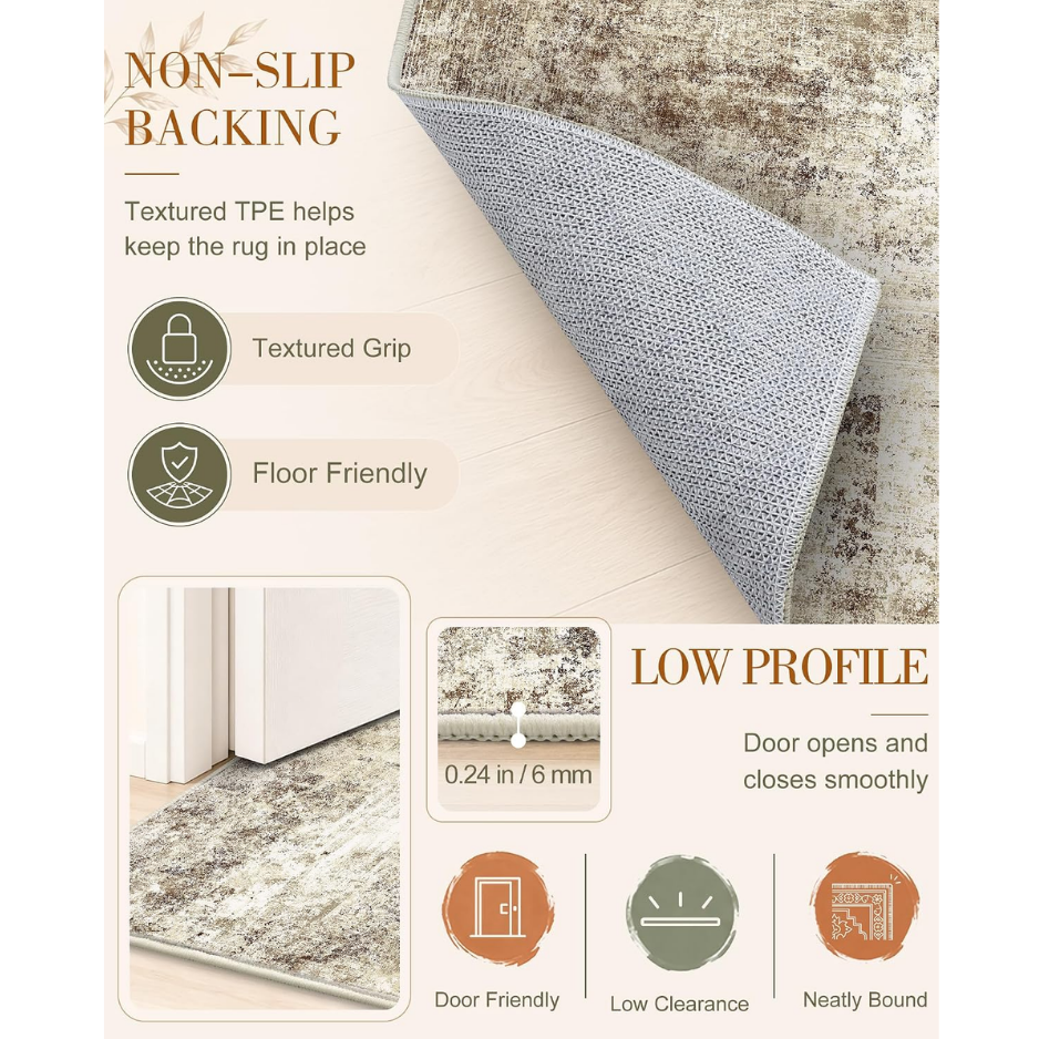 5x7 Washable Area Rug, Soft Non Slip Carpet For Bedroom Living Room Beige Distressed Abstract Modern Farmhouse Rug, Spill Stain Resistant Low — view 2