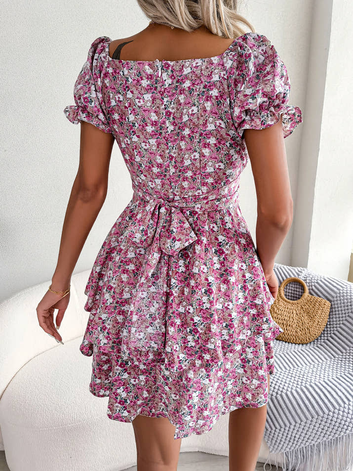 Floral Shirred Mini Dress — Short Sleeve Loose Hem Swing Dress