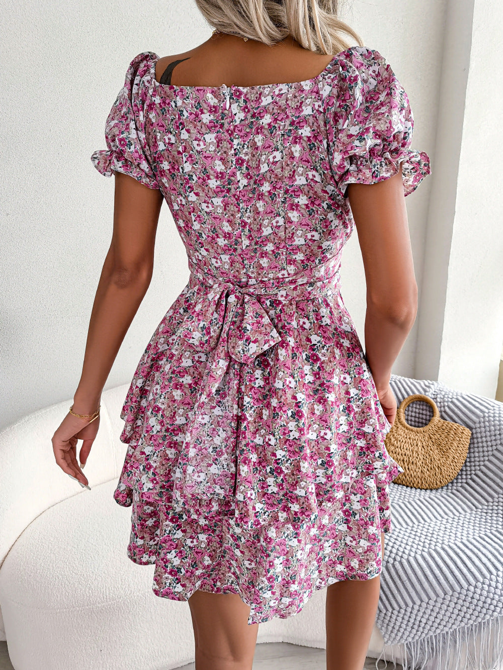 Floral Shirred Mini Dress — Short Sleeve Loose Hem Swing Dress
