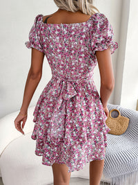 Floral Shirred Mini Dress — Short Sleeve Loose Hem Swing Dress
