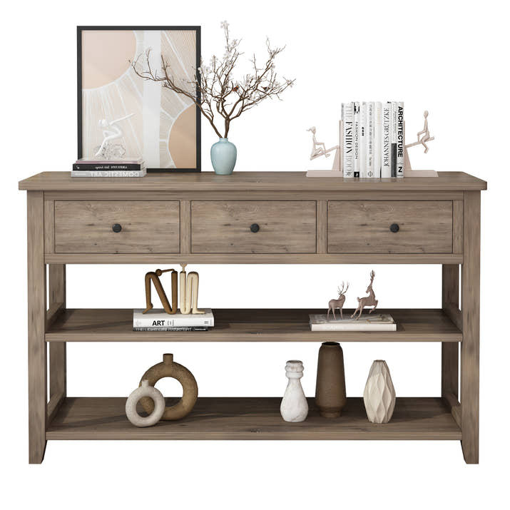 Console Table with Wood Frame and Legs, Sofa Table Entryway Table with 3 Drawers and 2 Open Shelves Wash Gray — view 3