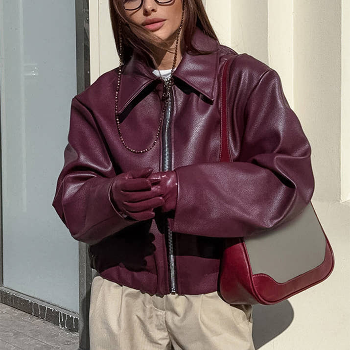 Lapel Zipper Leather Jacket — Casual Long Sleeve Coat