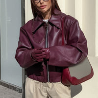 Lapel Zipper Leather Jacket — Casual Long Sleeve Coat