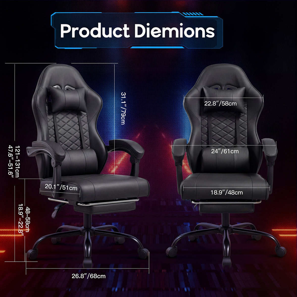 Racing Style Gaming Chair With Footrest,PU Leather,Massage Lumbar Support,Reclining,360degree Swivel Seater Adjustable Height — view 4