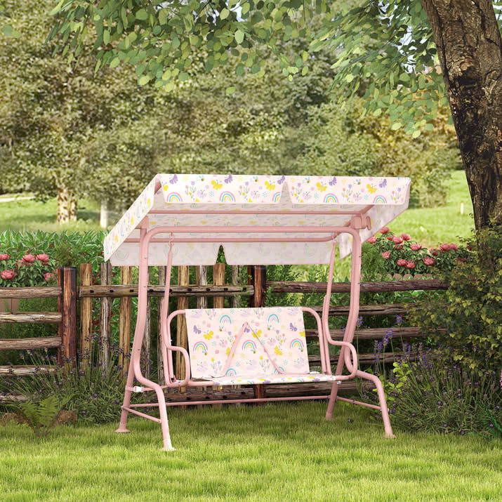 Kids Garden Swing Chair With Adjustable Canopy,Safety Belt,2 Seater Hammock Swing Bench For Patio,Porch,Pink — view 4